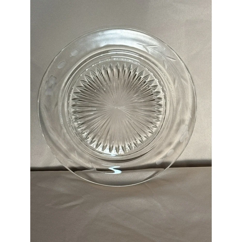 Vtg Elegant Clear Glass Plates Set 6 Etched Floral Rim Rays Starburst Center